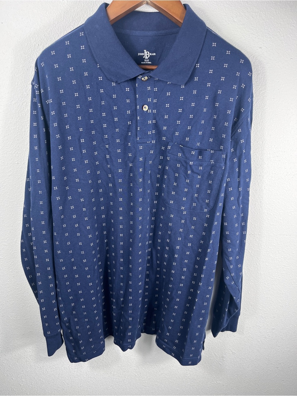John Blair 1910 XLG Mens Navy Blue Geometric Long Sleeve Polo Shirt with Pocket
